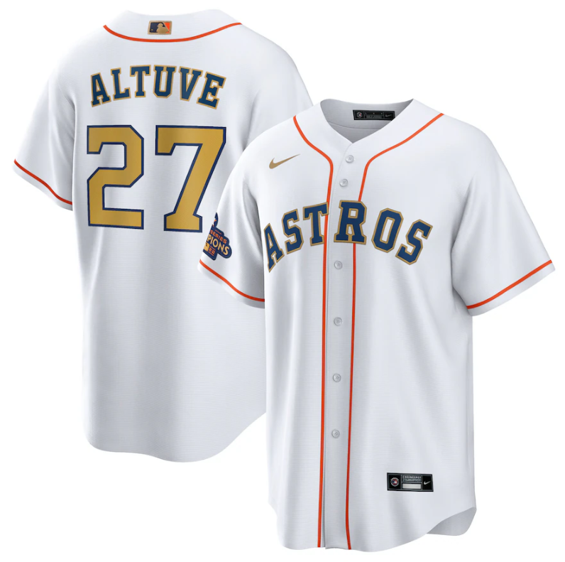 Men's Houston Astros #27 Jose Altuve White 2023 Gold Collection With World Serise Champions Patch Cool Base Stitched Baseball Jersey